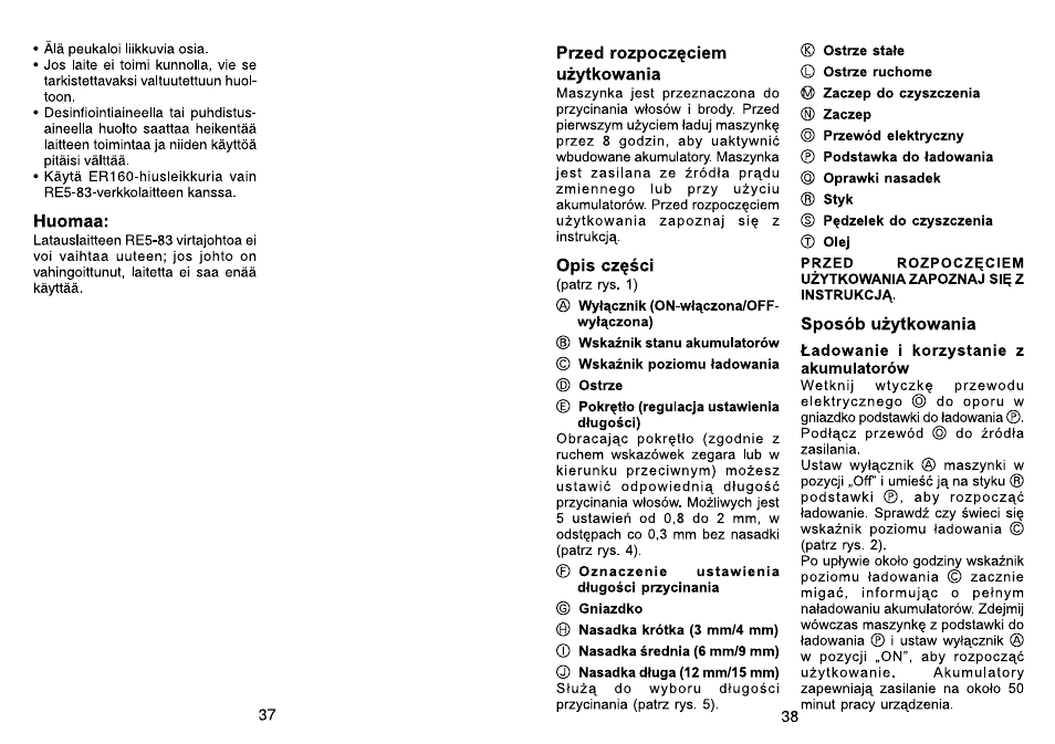 Przed rozpoczfciem uzytkowania, Sposób uzytkowania, Ladowanie i korzystanie z akumulatorów | Panasonic ER160 User Manual | Page 20 / 30