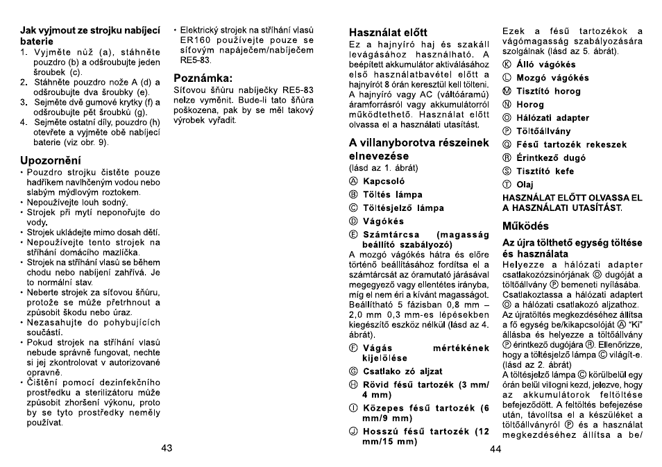 Jak vyjmout ze strojku nabijeci baterie, Upozorneni, Hasznalat elött | A villanyborotva reszeinek elnevezese, Müködes, Az üjra tölthetö egyseg töltese es hasznalata | Panasonic ER160 User Manual | Page 23 / 30