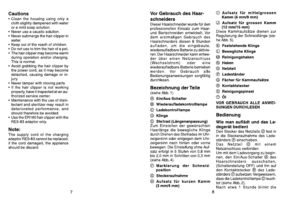 Cautions, Note, Vor gebrauch des haarschneiders | Bezeichnung der teile, Bedienung, Wie man auflädt und das ladegerät bedient | Panasonic ER160 User Manual | Page 5 / 30