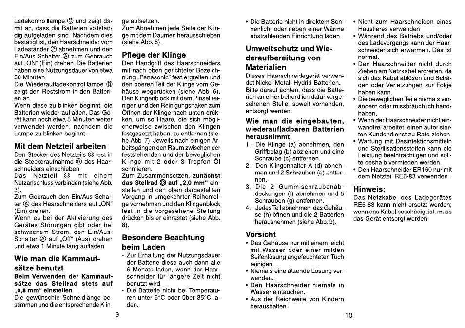Mit dem netzteil arbeiten, Pflege der klinge, Besondere beachtung beim laden | Vorsicht, Hinweis | Panasonic ER160 User Manual | Page 6 / 30