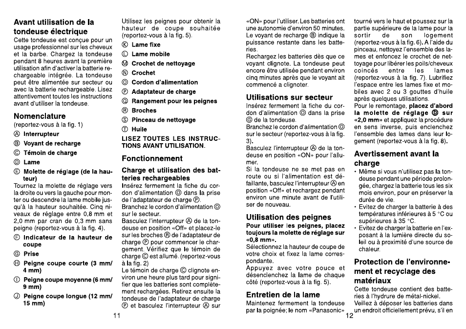 Avant utilisation de la tondeuse électrique, Nomenclature, Fonctionnement | Charge et utilisation des batteries rechargeables, Utilisations sur secteur, Entretien de la lame, Avertissement avant ia charge | Panasonic ER160 User Manual | Page 7 / 30