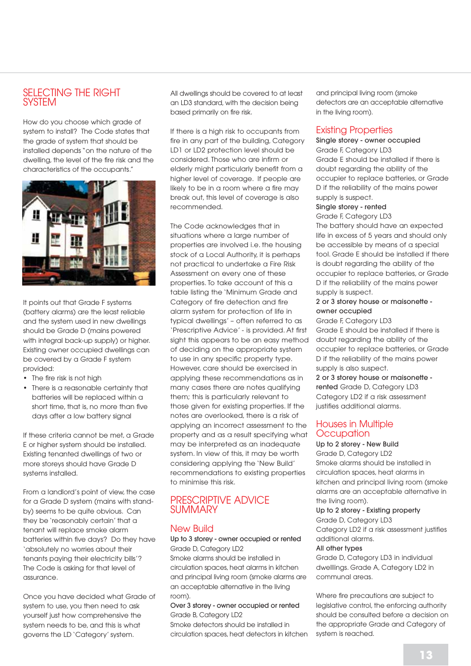 Selecting the right system, Prescriptive advice summary, Existing properties | Houses in multiple occupation, New build | Aico Residential Fire Detection RFD User Manual | Page 13 / 28