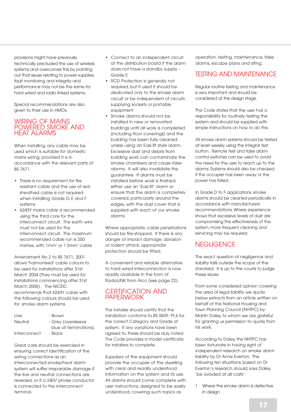 Testing and maintenance, Negligence, Wiring of mains powered smoke and heat alarms | Certification and paperwork | Aico Residential Fire Detection RFD User Manual | Page 17 / 28
