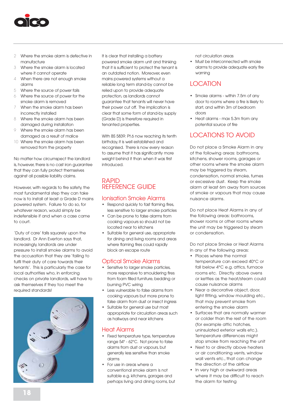 Rapid reference guide, Location, Locations to avoid | Ionisation smoke alarms, Optical smoke alarms, Heat alarms | Aico Residential Fire Detection RFD User Manual | Page 18 / 28