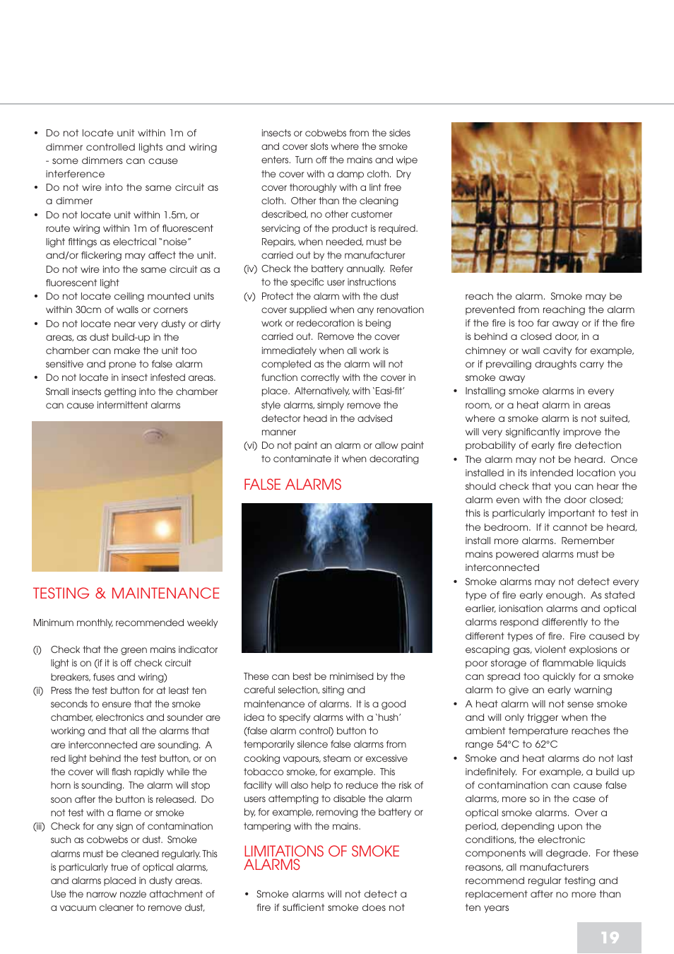 Testing & maintenance, False alarms, Limitations of smoke alarms | Aico Residential Fire Detection RFD User Manual | Page 19 / 28