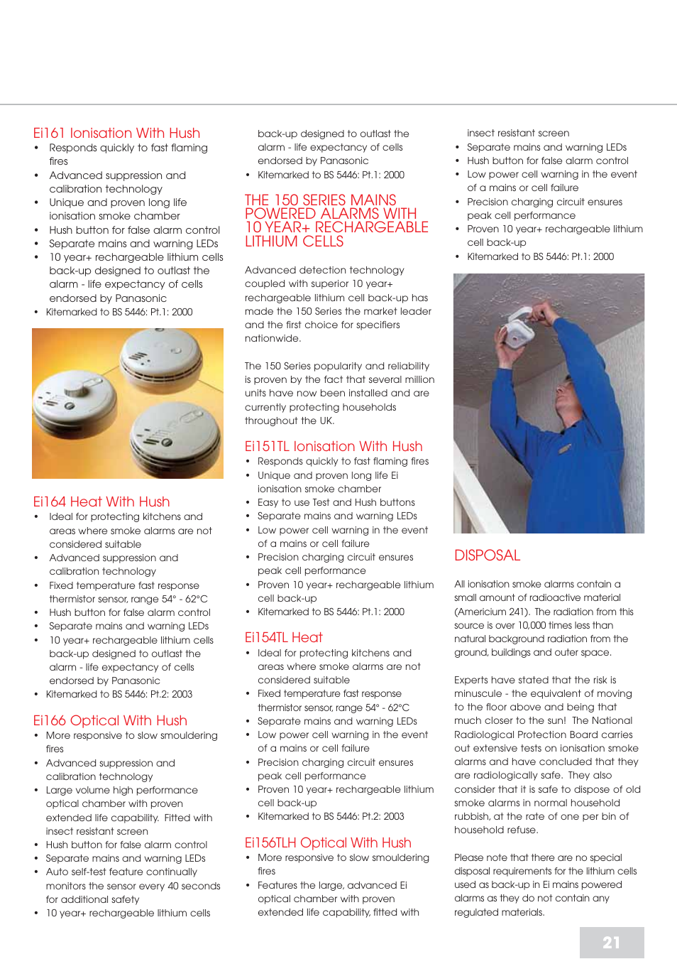 Disposal, Ei161 ionisation with hush, Ei164 heat with hush | Ei166 optical with hush, Ei151tl ionisation with hush, Ei154tl heat, Ei156tlh optical with hush | Aico Residential Fire Detection RFD User Manual | Page 21 / 28