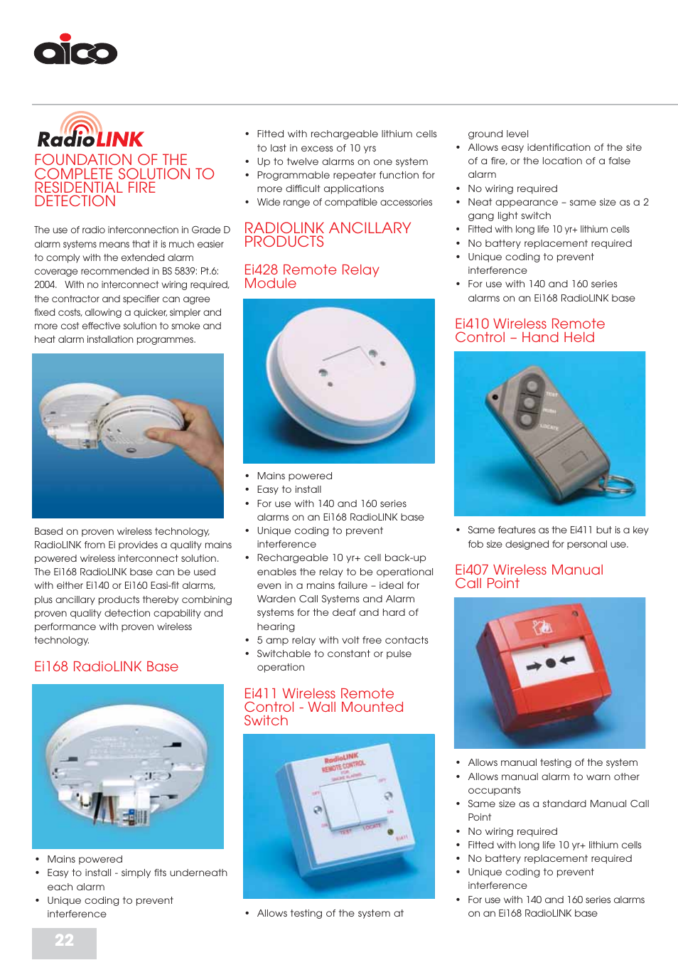 Radiolink ancillary products, Ei428 remote relay module, Ei410 wireless remote control – hand held | Ei407 wireless manual call point, Ei168 radiolink base | Aico Residential Fire Detection RFD User Manual | Page 22 / 28