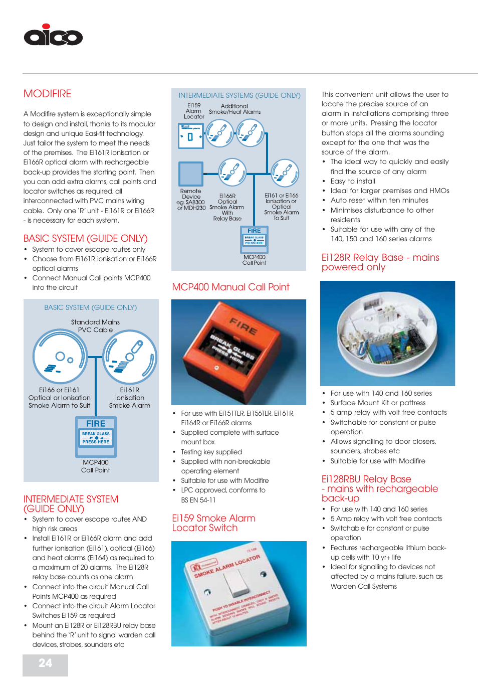 Modifire, Mcp400 manual call point, Ei159 smoke alarm locator switch | Ei128r relay base - mains powered only, Basic system (guide only), Intermediate system (guide only) | Aico Residential Fire Detection RFD User Manual | Page 24 / 28