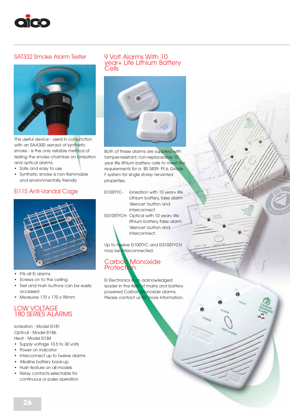 Carbon monoxide protection, Low voltage 180 series alarms, Sat332 smoke alarm tester | Ei115 anti-vandal cage | Aico Residential Fire Detection RFD User Manual | Page 26 / 28