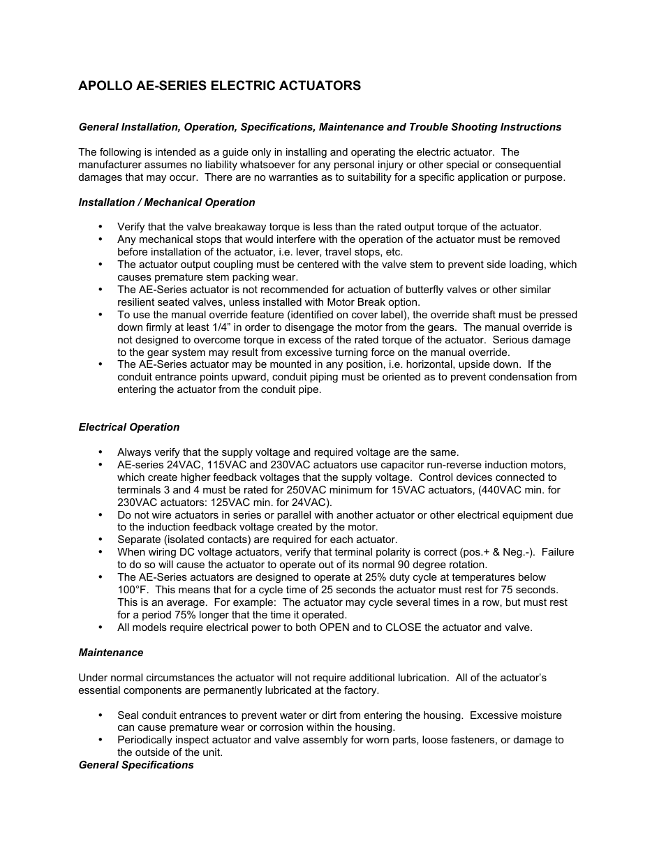 Apollo Actuators AE-Series User Manual | 8 pages