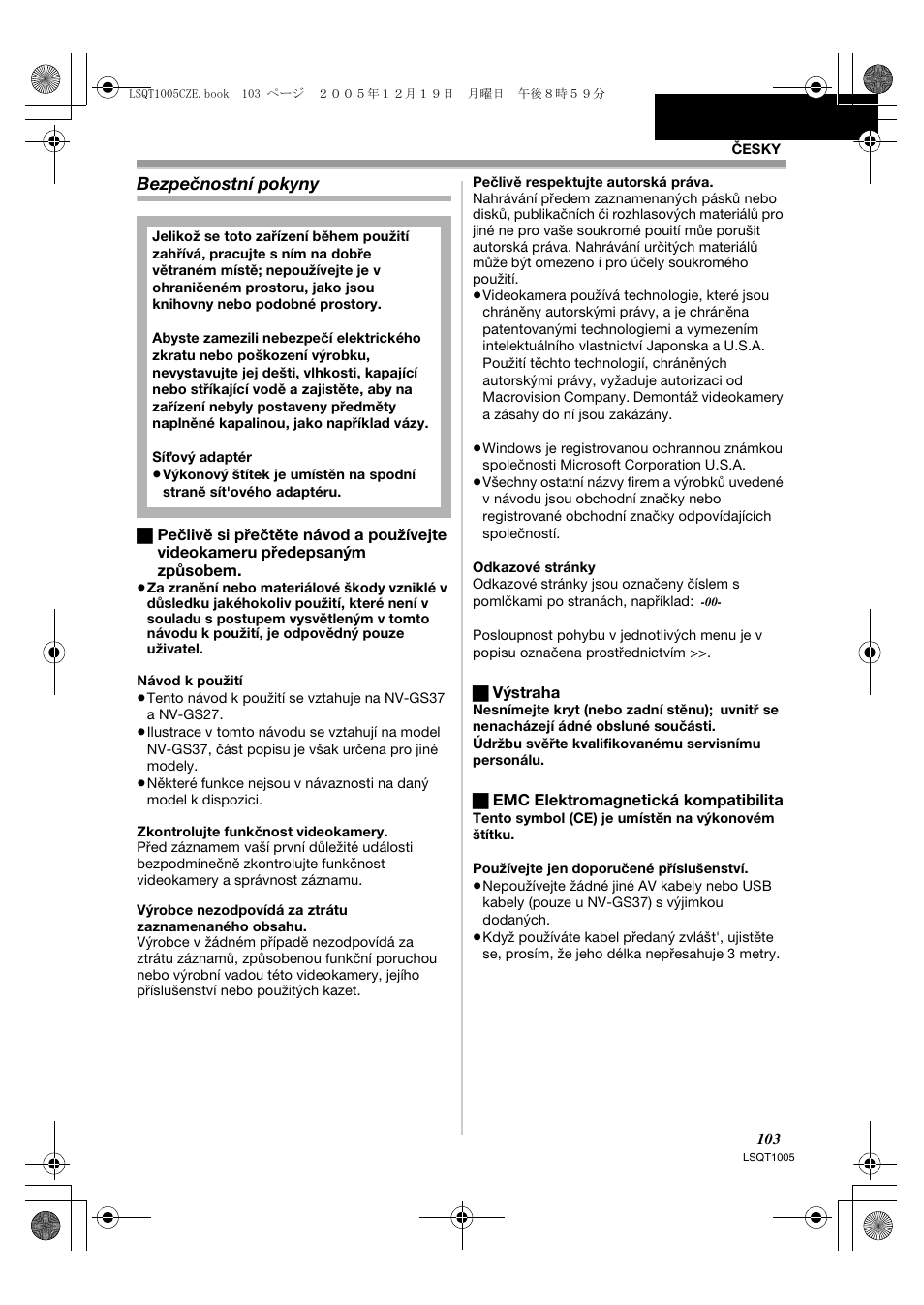 Bezpečnostní pokyny | Panasonic NVGS37EP User Manual | Page 103 / 204