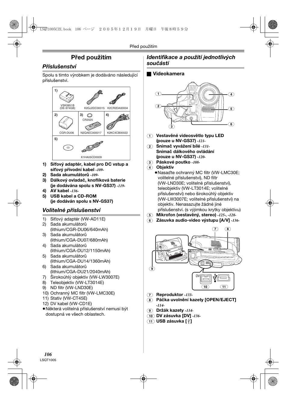 Před použitím, Příslušenství, Volitelné příslušenství | Identifikace a použití jednotlivých součástí | Panasonic NVGS37EP User Manual | Page 106 / 204