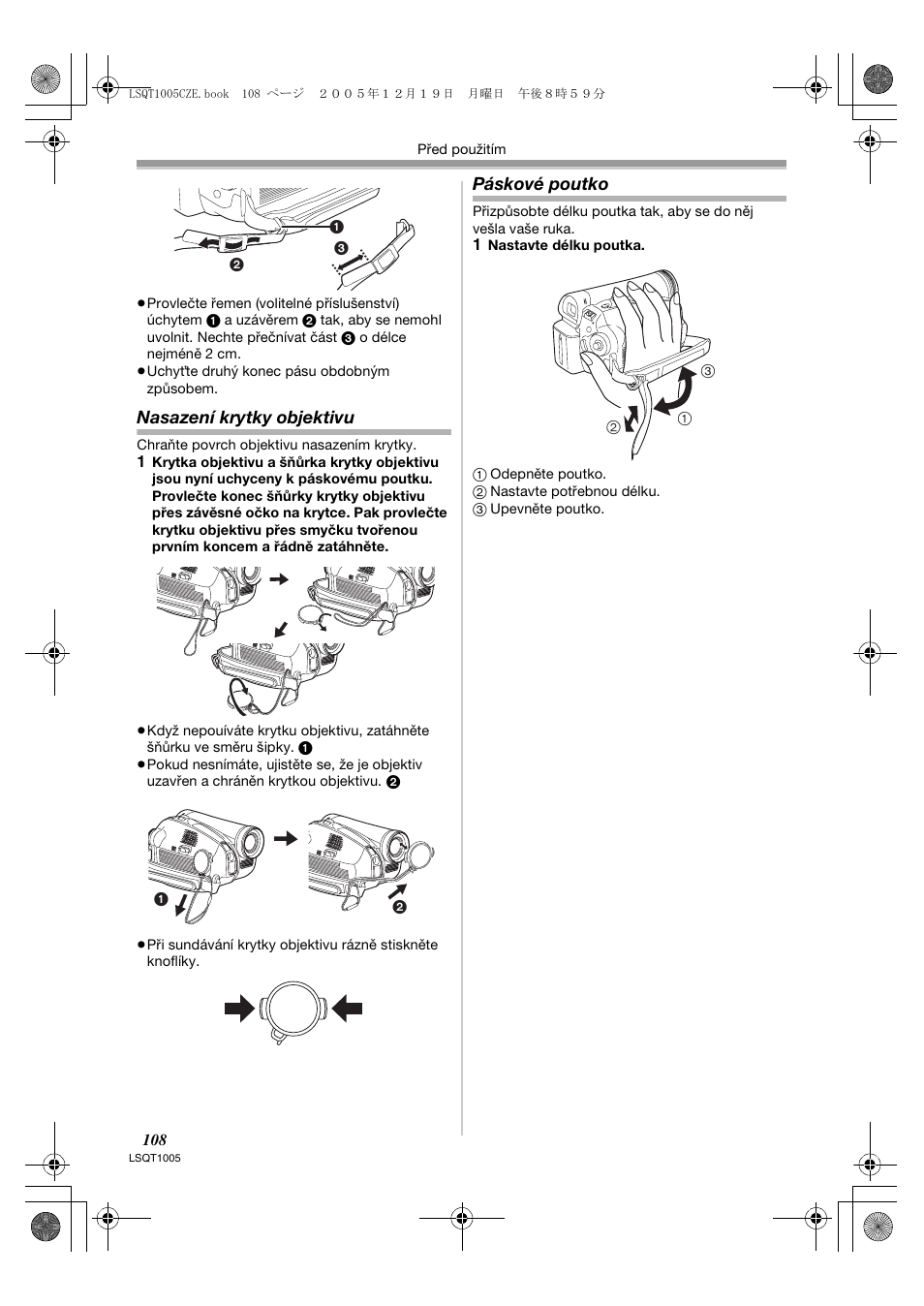 Nasazení krytky objektivu, Páskové poutko | Panasonic NVGS37EP User Manual | Page 108 / 204