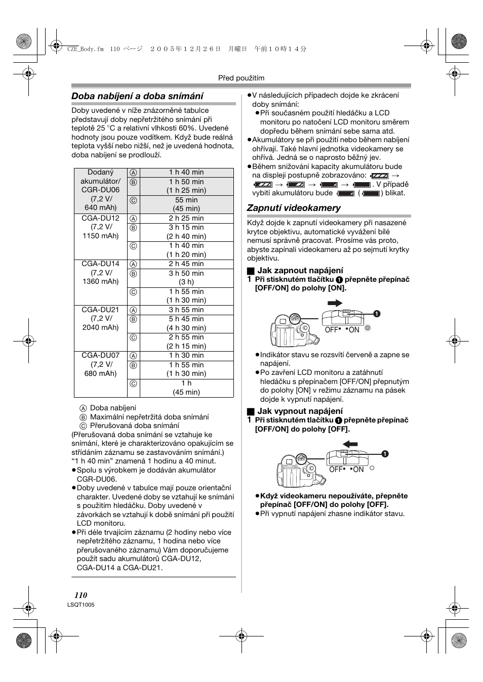 Doba nabíjení a doba snímání, Zapnutí videokamery | Panasonic NVGS37EP User Manual | Page 110 / 204