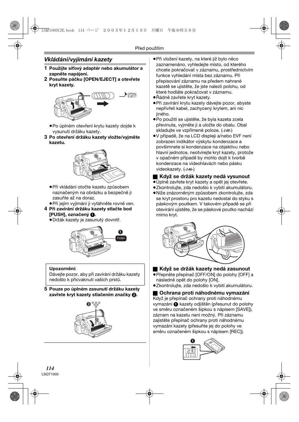 Vkládání/vyjímání kazety | Panasonic NVGS37EP User Manual | Page 114 / 204