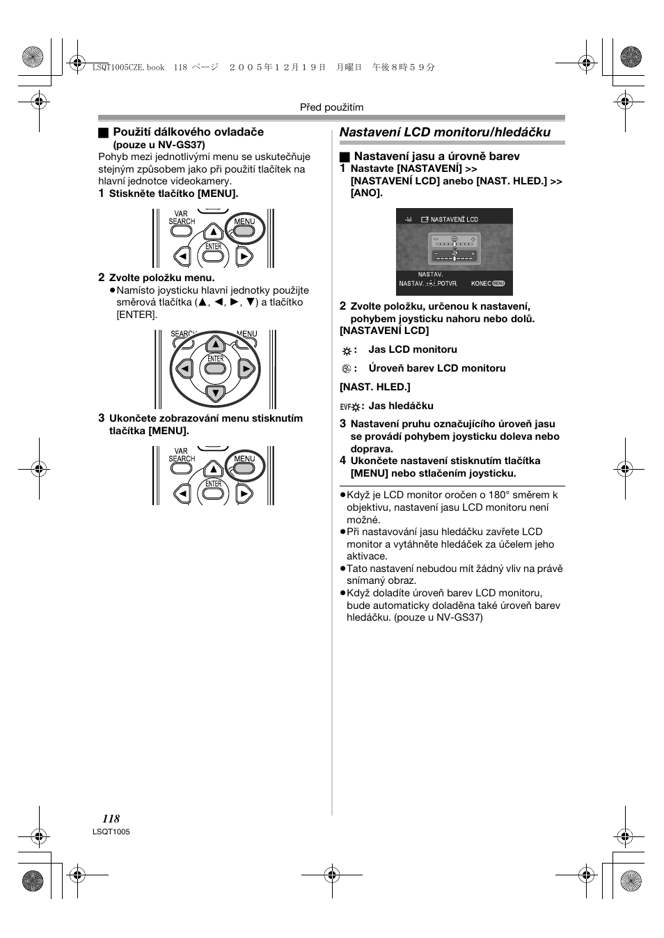 Nastavení lcd monitoru/hledáčku | Panasonic NVGS37EP User Manual | Page 118 / 204