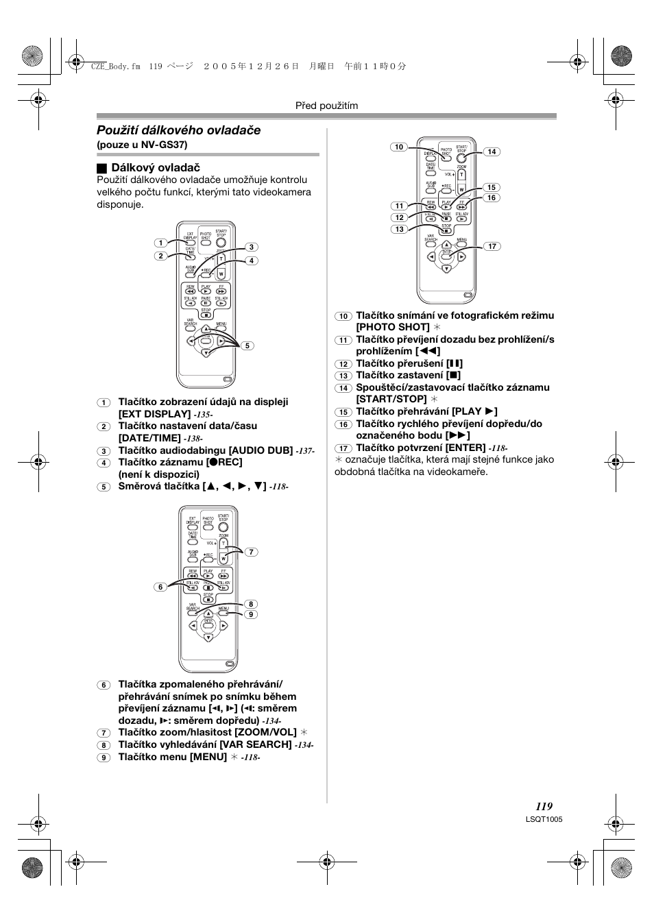 Použití dálkového ovladače | Panasonic NVGS37EP User Manual | Page 119 / 204