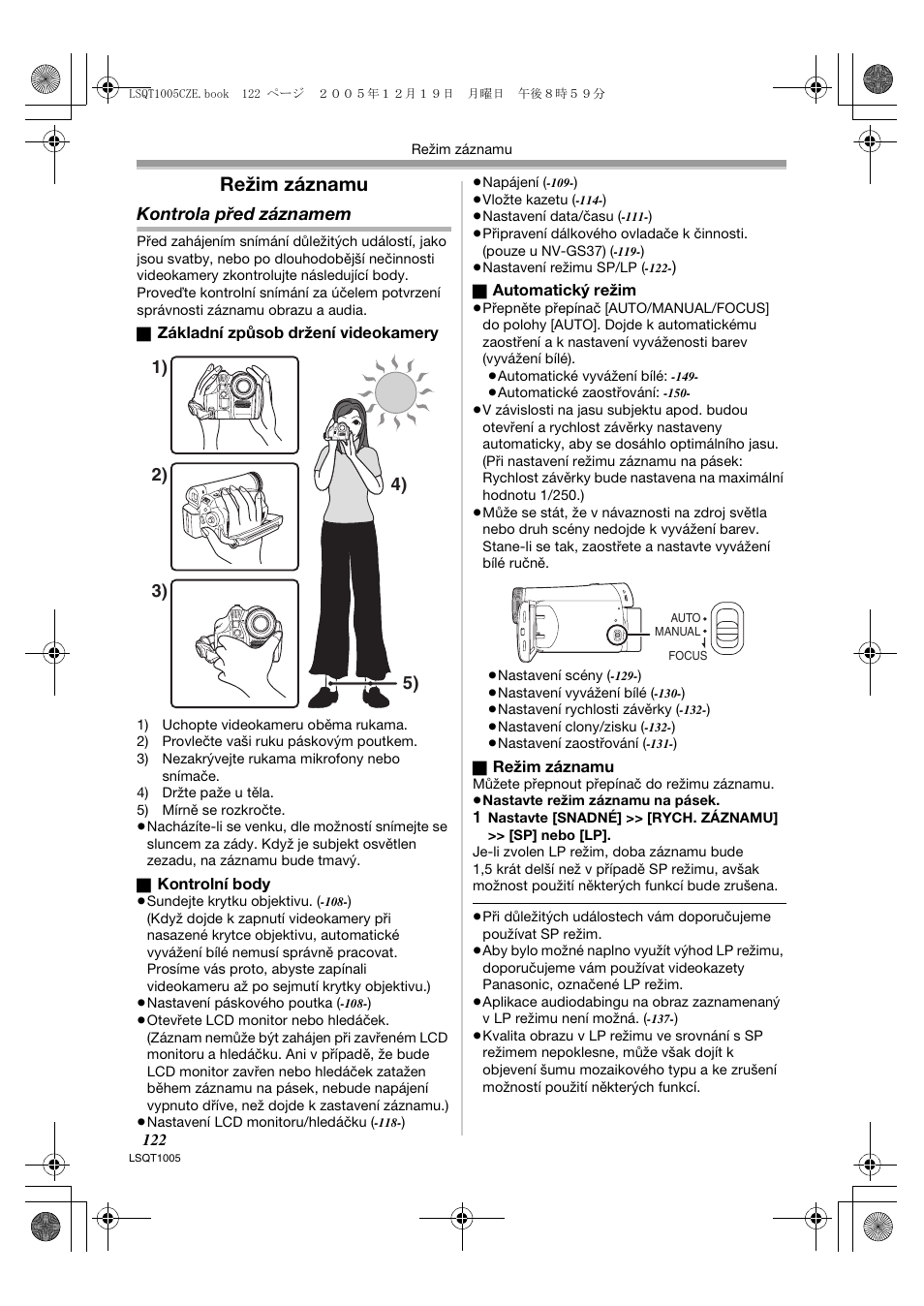Režim záznamu, Kontrola před záznamem | Panasonic NVGS37EP User Manual | Page 122 / 204