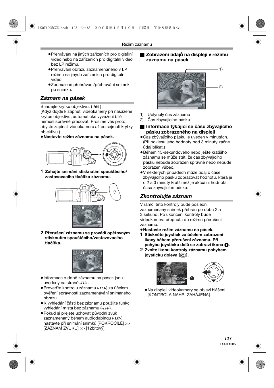 Záznam na pásek, Zkontrolujte záznam | Panasonic NVGS37EP User Manual | Page 123 / 204