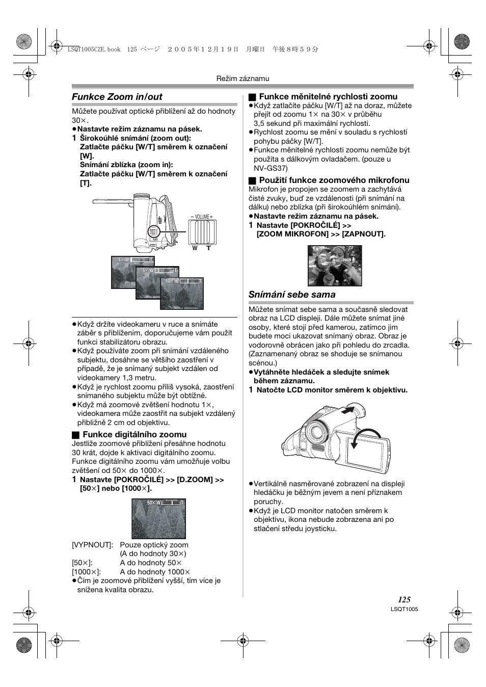 Funkce zoom in/out, Snímání sebe sama | Panasonic NVGS37EP User Manual | Page 125 / 204
