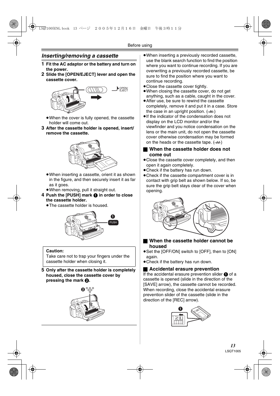 Inserting/removing a cassette | Panasonic NVGS37EP User Manual | Page 13 / 204