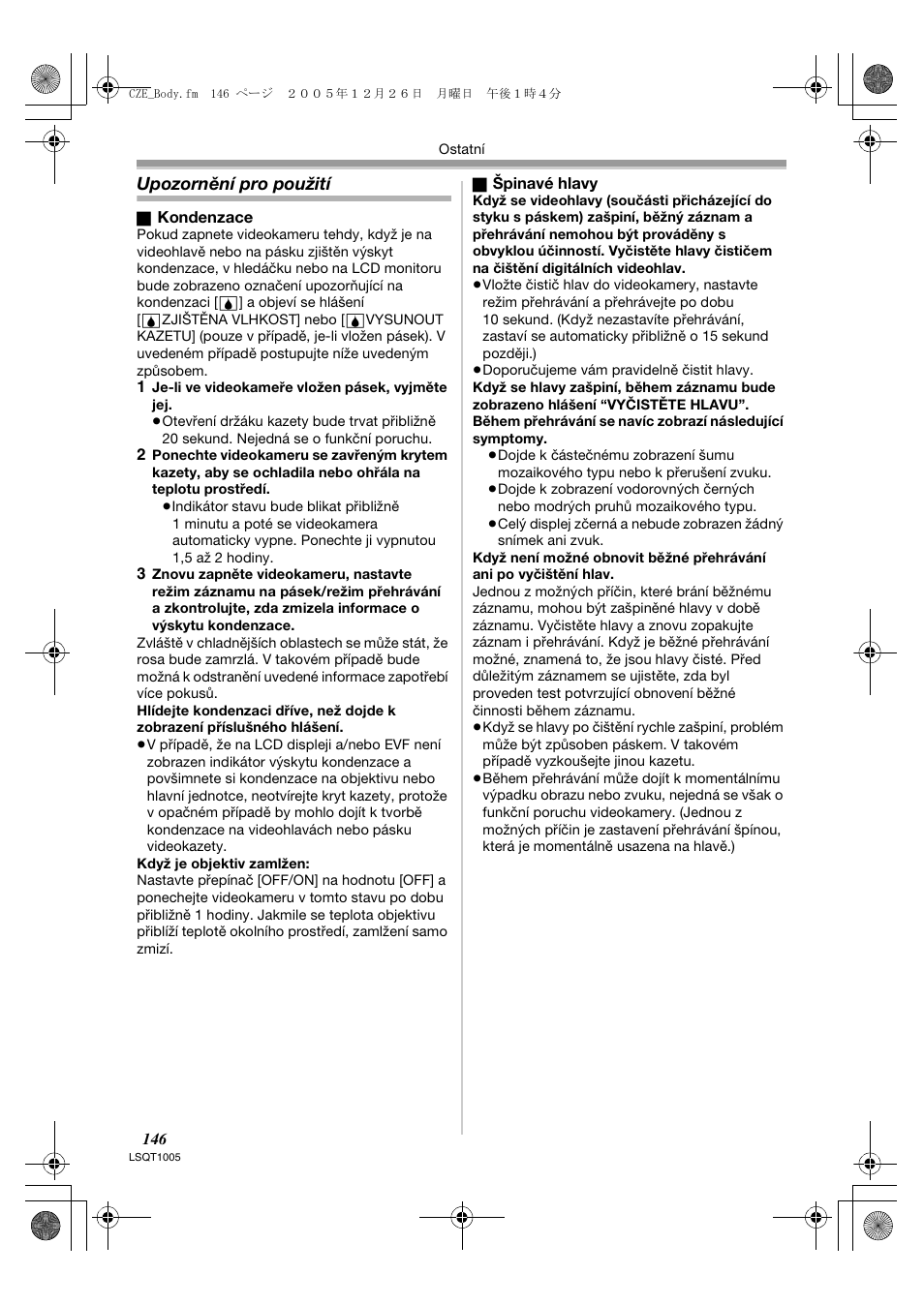 Upozornění pro použití | Panasonic NVGS37EP User Manual | Page 146 / 204