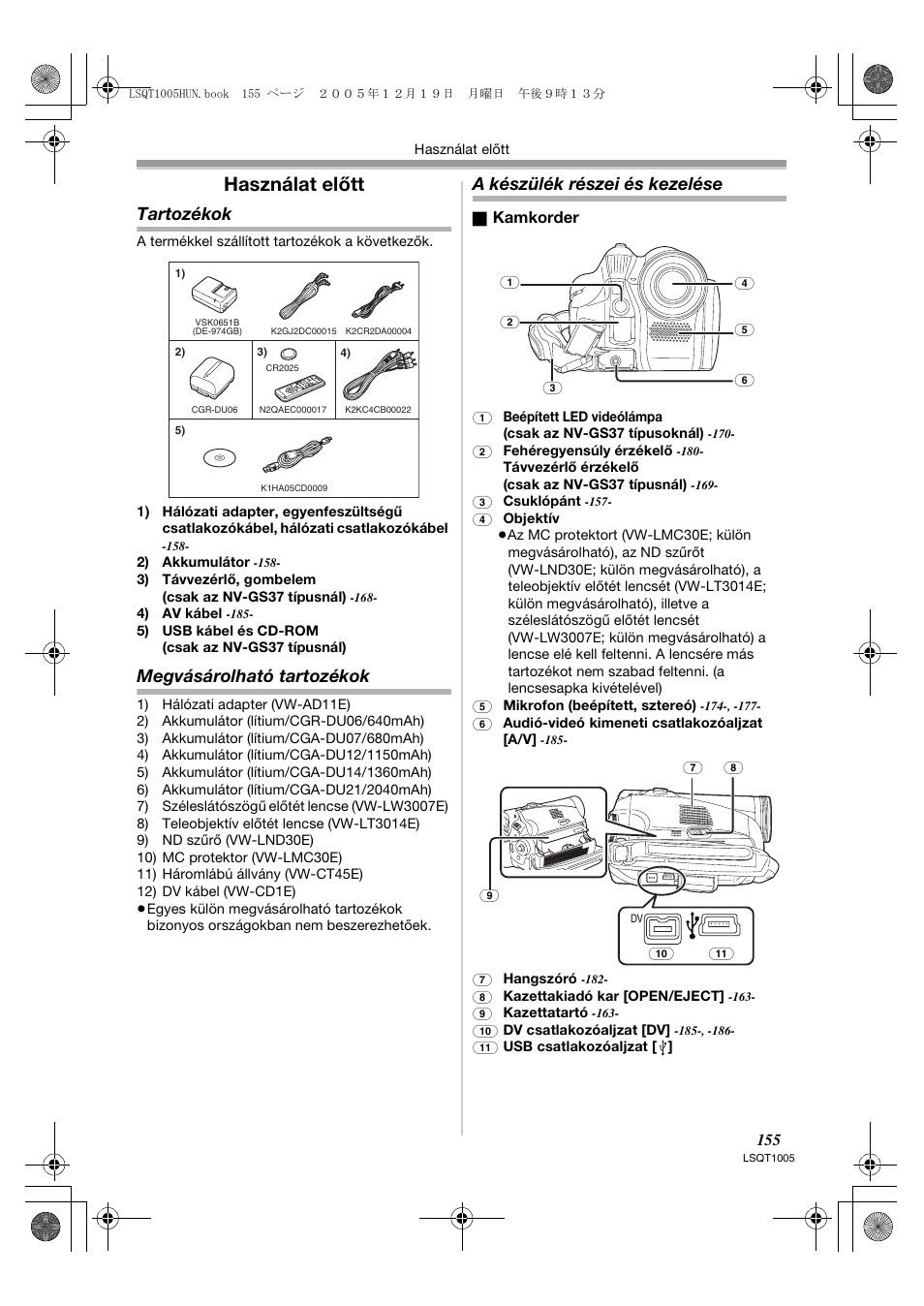 Használat előtt, Tartozékok, Megvásárolható tartozékok | A készülék részei és kezelése | Panasonic NVGS37EP User Manual | Page 155 / 204