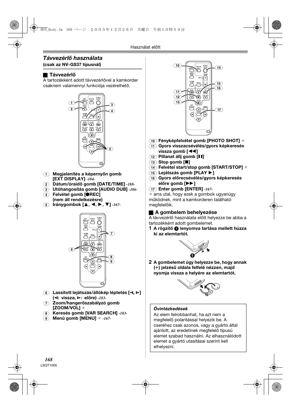 Távvezérlő használata | Panasonic NVGS37EP User Manual | Page 168 / 204