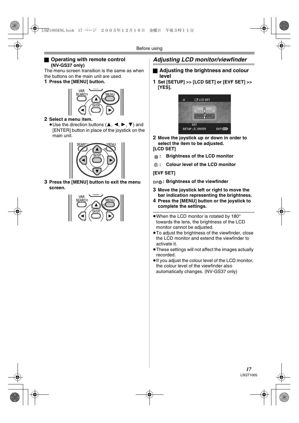 Adjusting lcd monitor/viewfinder | Panasonic NVGS37EP User Manual | Page 17 / 204