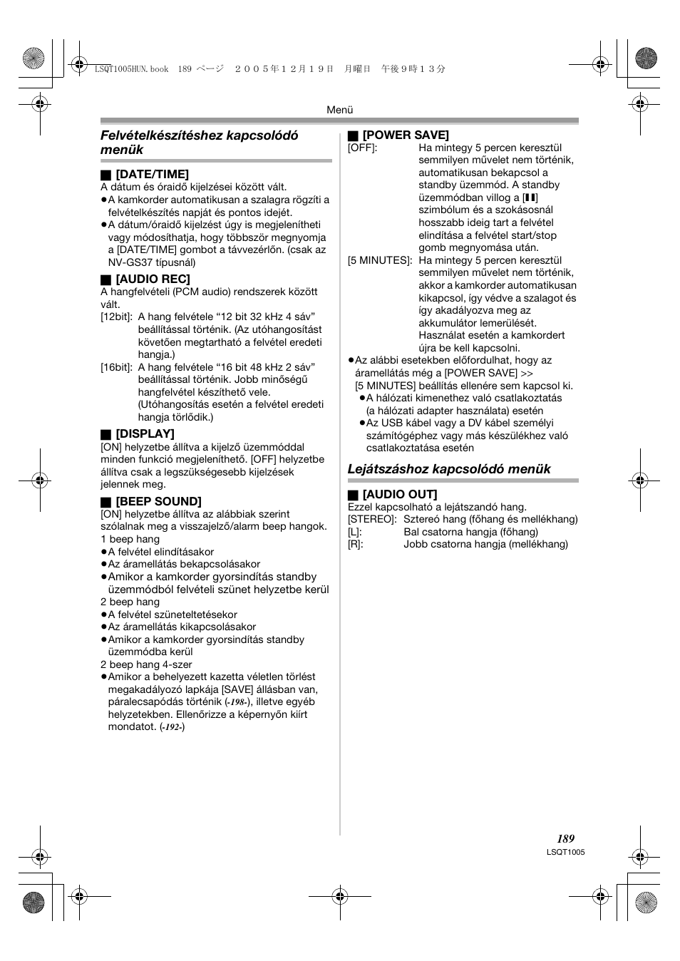 Felvételkészítéshez kapcsolódó menük, Lejátszáshoz kapcsolódó menük | Panasonic NVGS37EP User Manual | Page 189 / 204