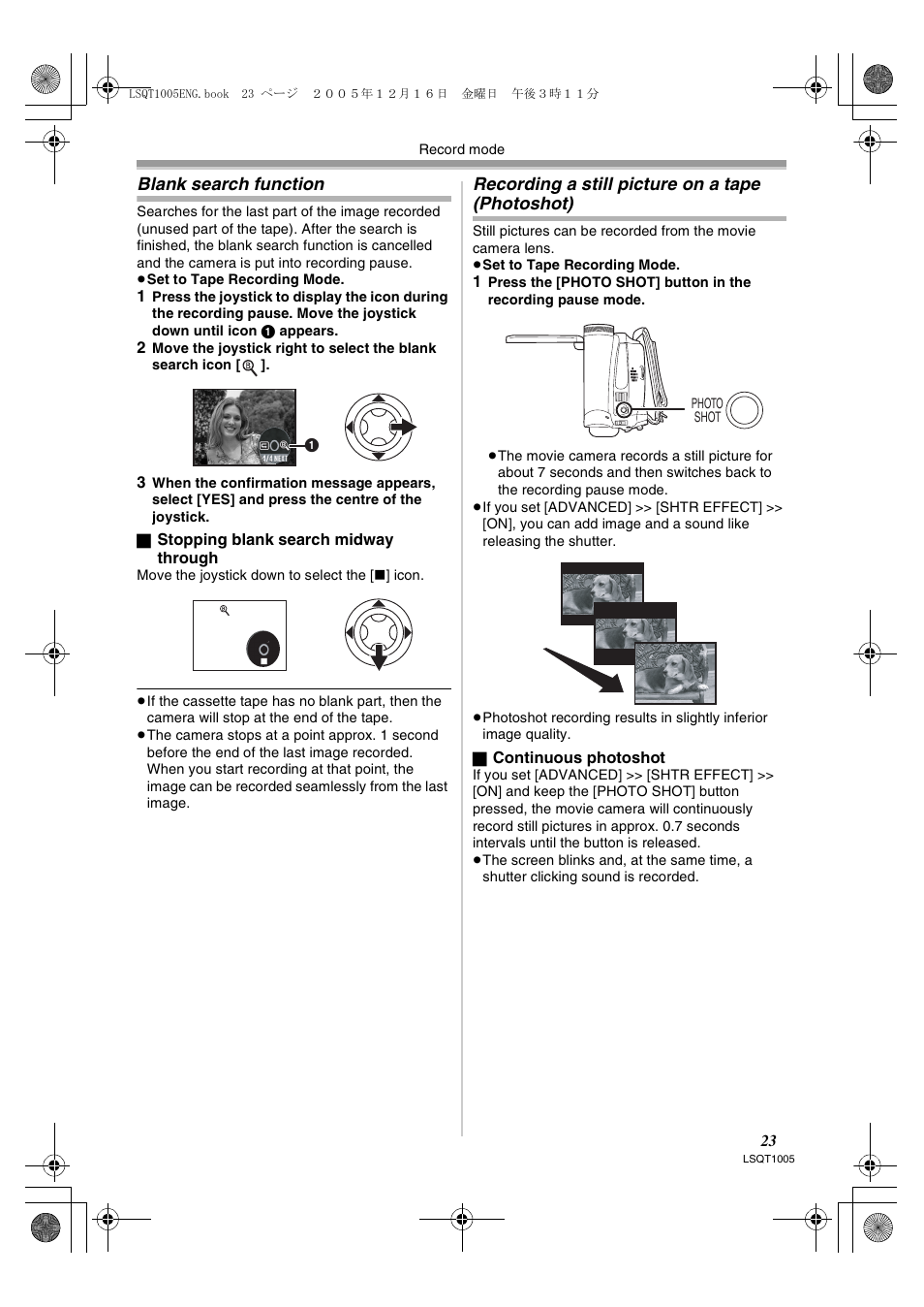 Blank search function, Recording a still picture on a tape (photoshot) | Panasonic NVGS37EP User Manual | Page 23 / 204