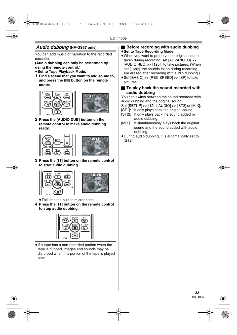 Audio dubbing | Panasonic NVGS37EP User Manual | Page 35 / 204