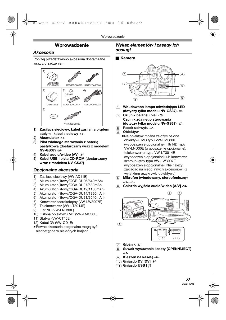 Wprowadzenie, Akcesoria, Opcjonalne akcesoria | Wykaz elementów i zasady ich obsługi | Panasonic NVGS37EP User Manual | Page 53 / 204