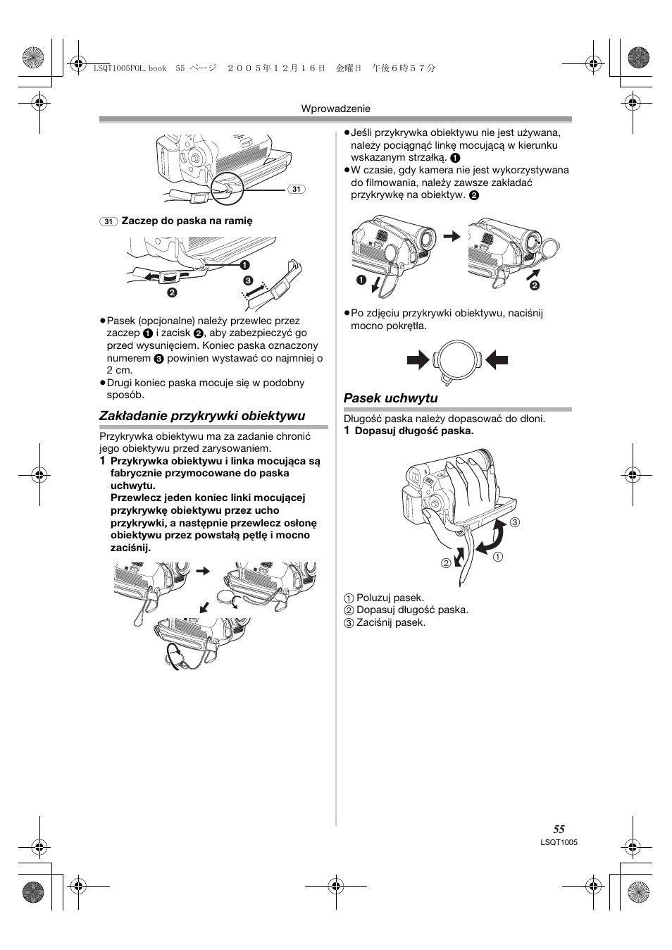 Zakładanie przykrywki obiektywu, Pasek uchwytu | Panasonic NVGS37EP User Manual | Page 55 / 204