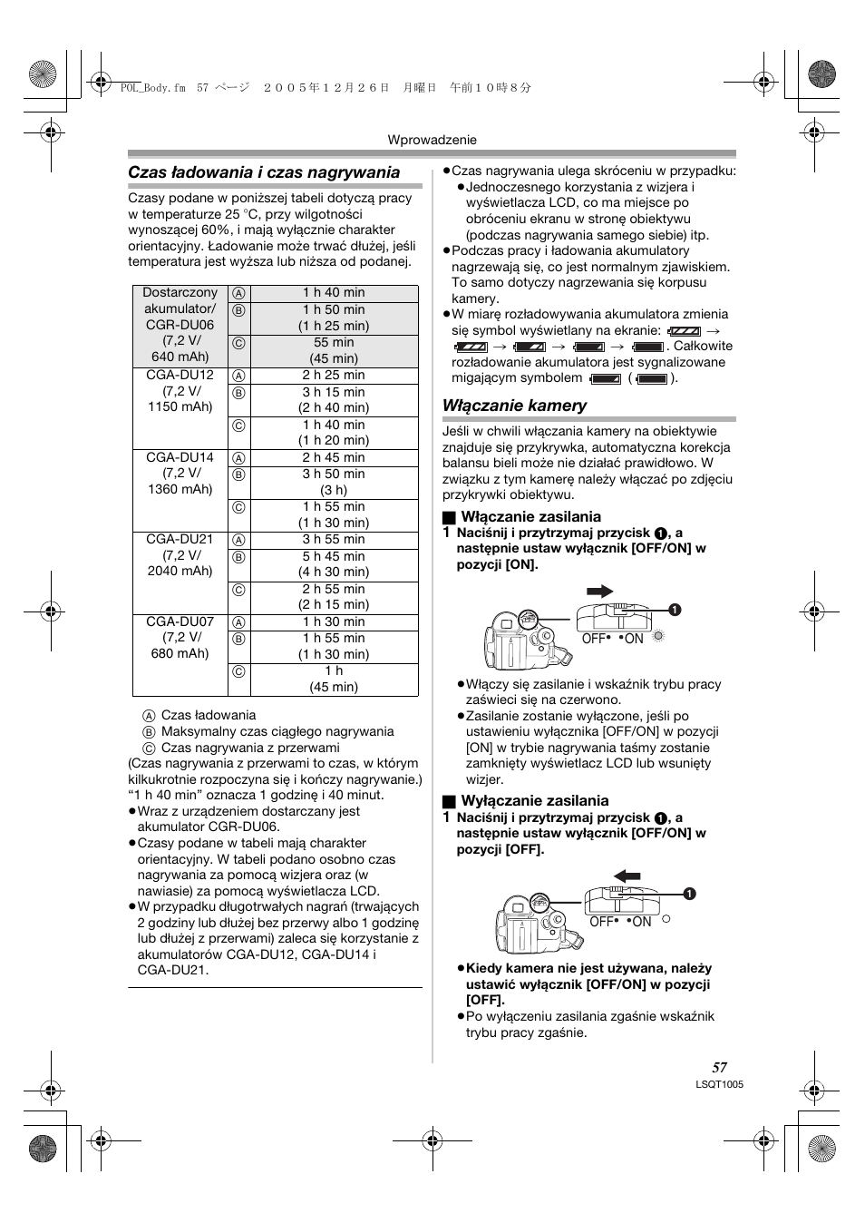 Czas ładowania i czas nagrywania, Włączanie kamery | Panasonic NVGS37EP User Manual | Page 57 / 204