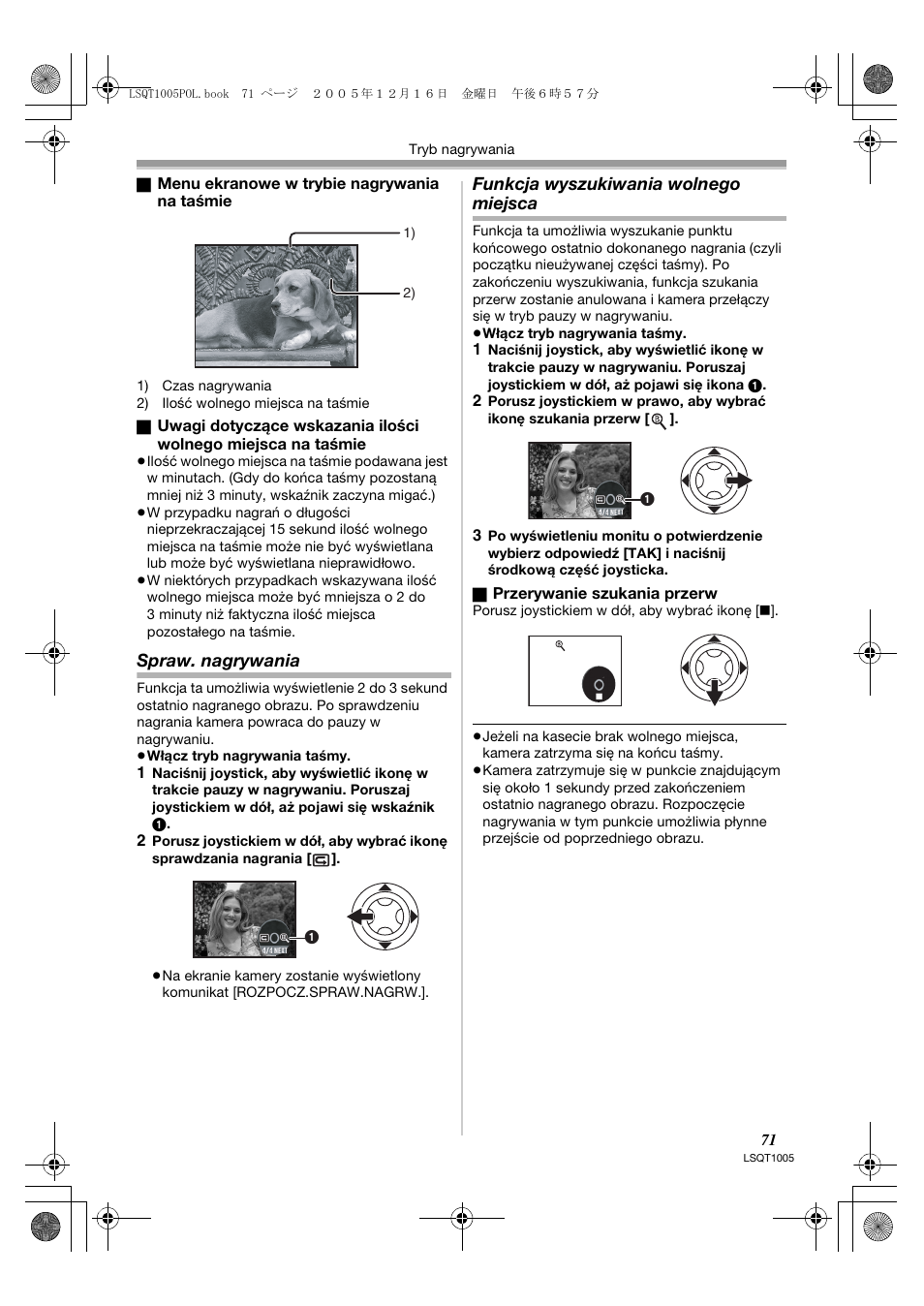 Spraw. nagrywania, Funkcja wyszukiwania wolnego miejsca | Panasonic NVGS37EP User Manual | Page 71 / 204