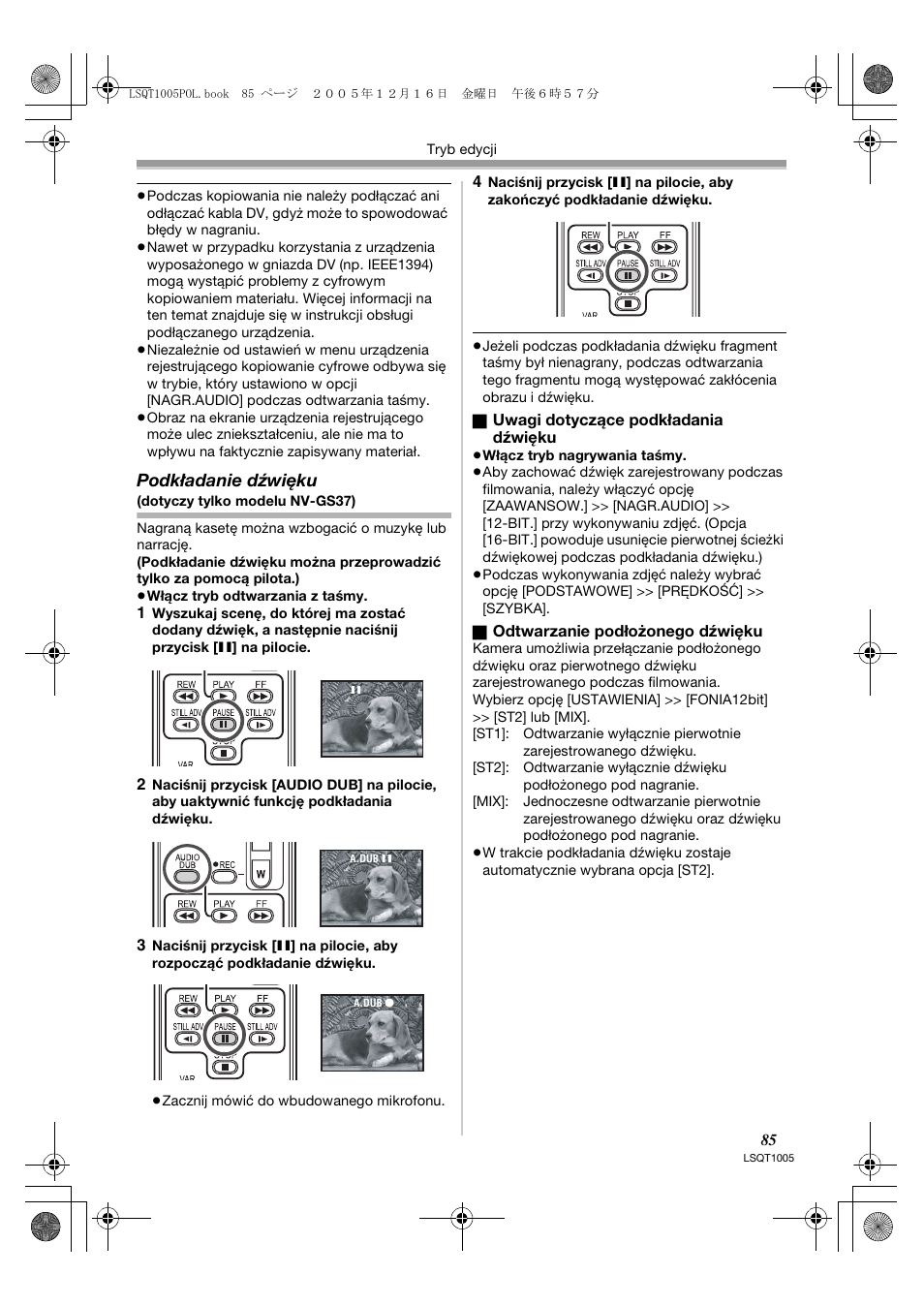 Podkładanie dźwięku | Panasonic NVGS37EP User Manual | Page 85 / 204