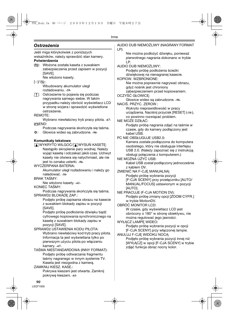 Ostrzeżenia | Panasonic NVGS37EP User Manual | Page 90 / 204