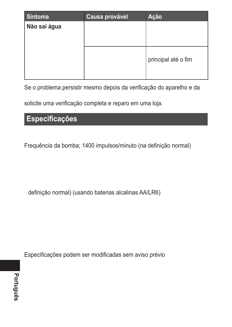 Especificações | Panasonic EWDJ10 User Manual | Page 102 / 216