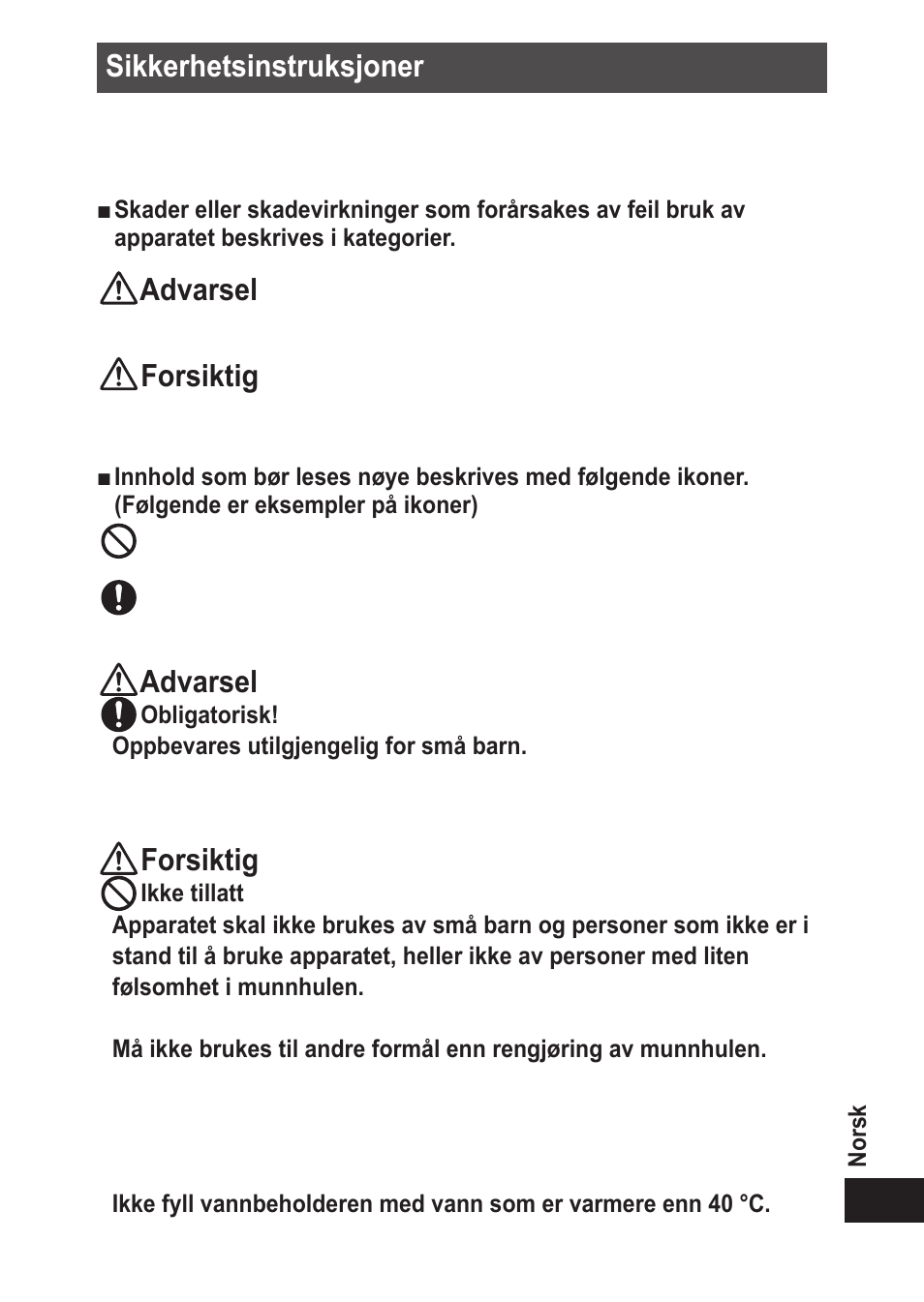 Sikkerhetsinstruksjoner, Advarsel, Forsiktig | Panasonic EWDJ10 User Manual | Page 105 / 216