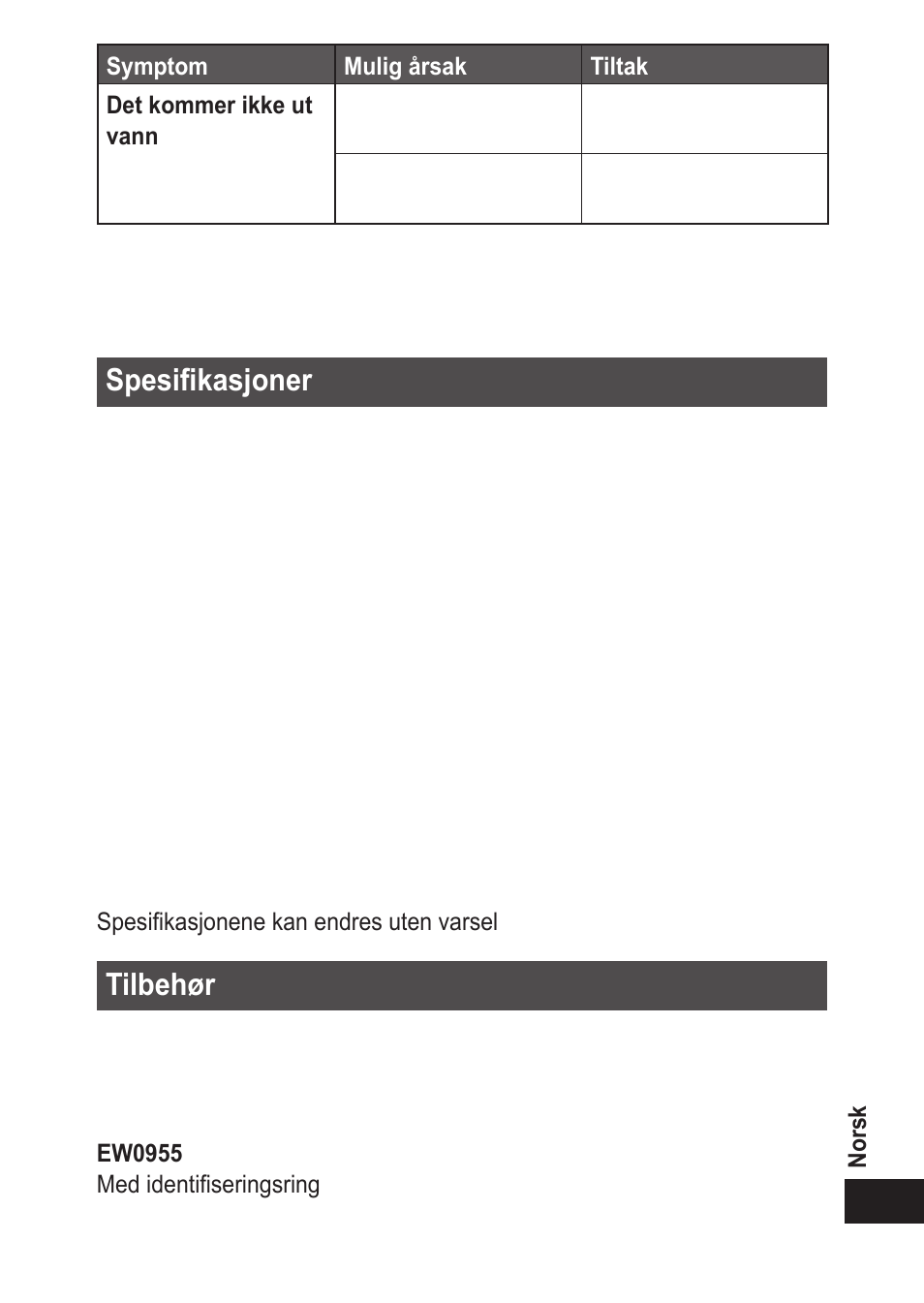 Spesifikasjoner, Tilbehør | Panasonic EWDJ10 User Manual | Page 115 / 216