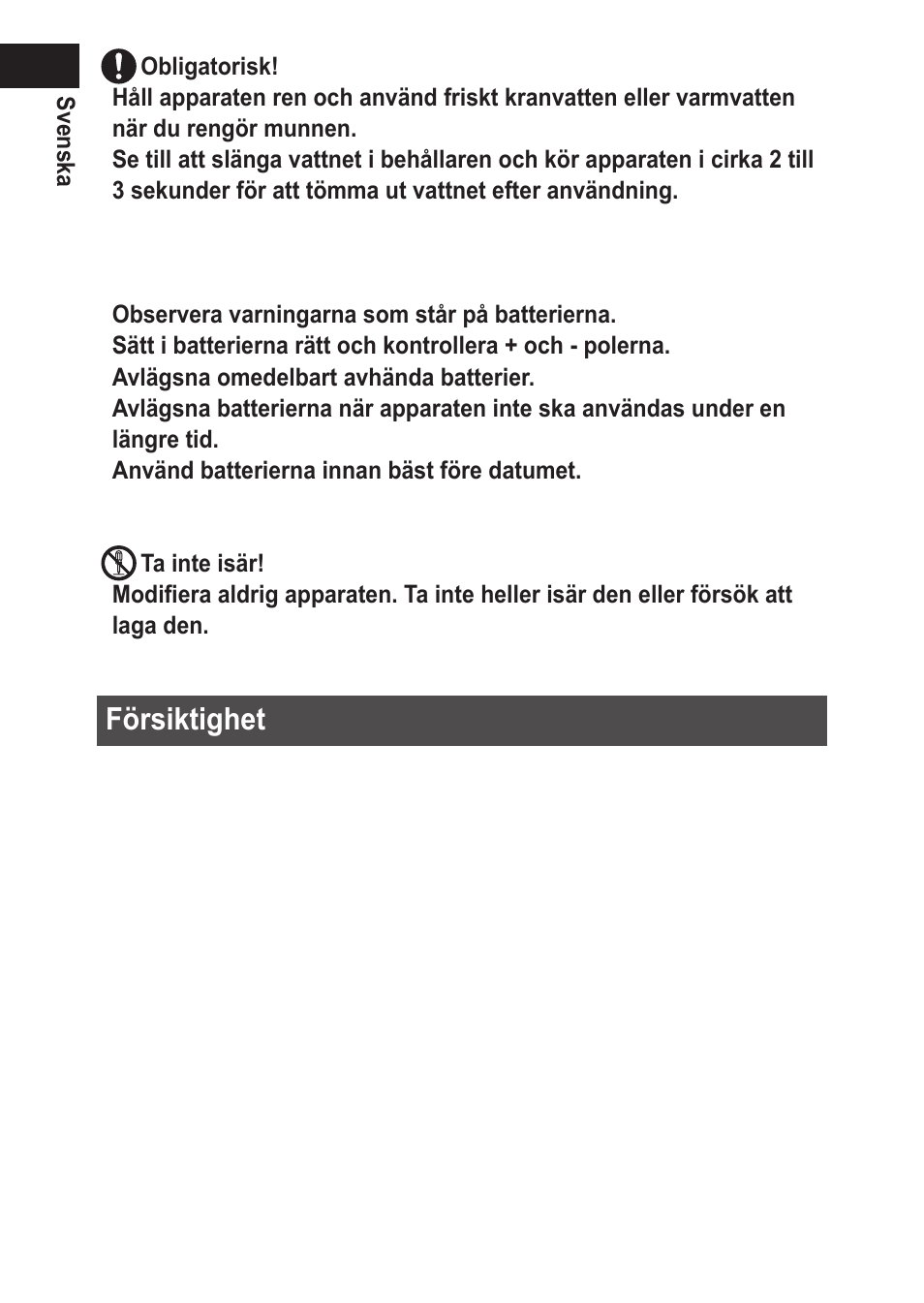 Försiktighet | Panasonic EWDJ10 User Manual | Page 118 / 216
