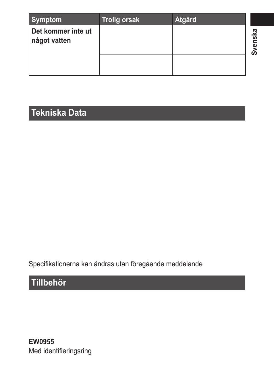Tekniskadata, Tillbehör | Panasonic EWDJ10 User Manual | Page 127 / 216