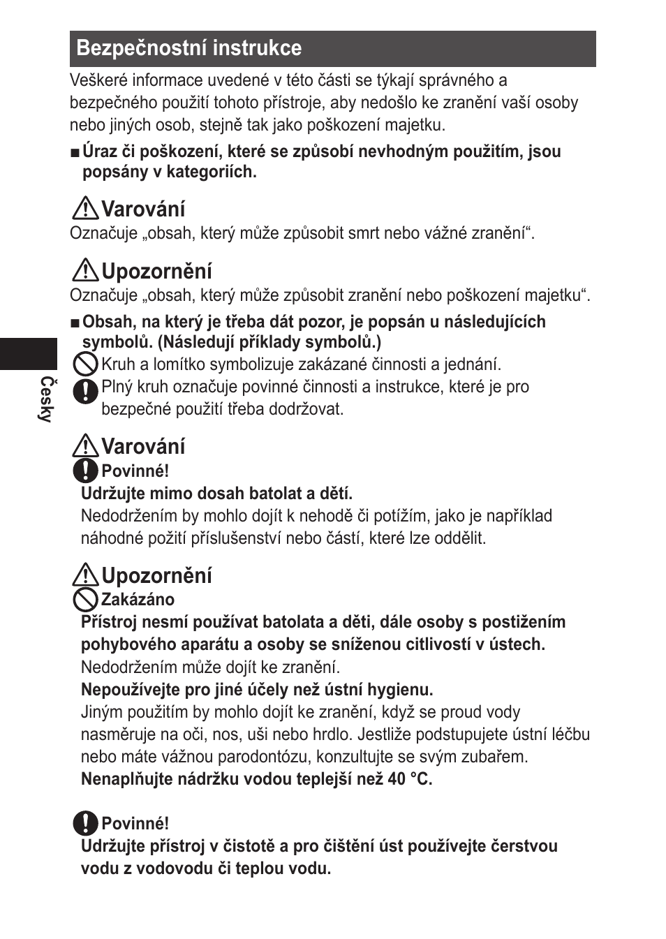 Bezpečnostníinstrukce, Varování, Upozornění | Panasonic EWDJ10 User Manual | Page 154 / 216