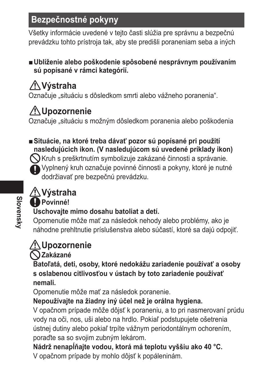 Bezpečnostnépokyny, Výstraha, Upozornenie | Panasonic EWDJ10 User Manual | Page 166 / 216