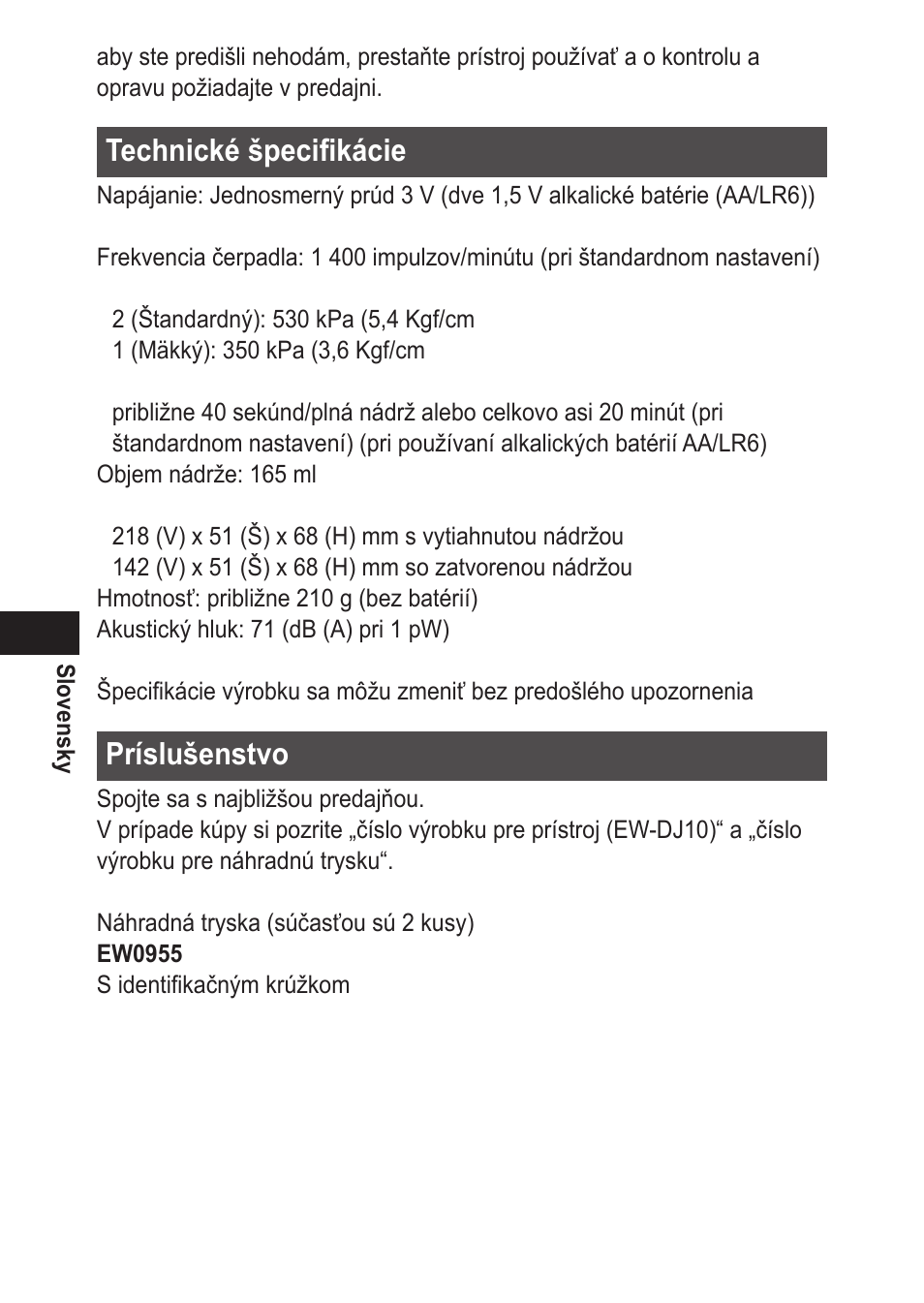 Technickéšpecifikácie, Príslušenstvo | Panasonic EWDJ10 User Manual | Page 176 / 216