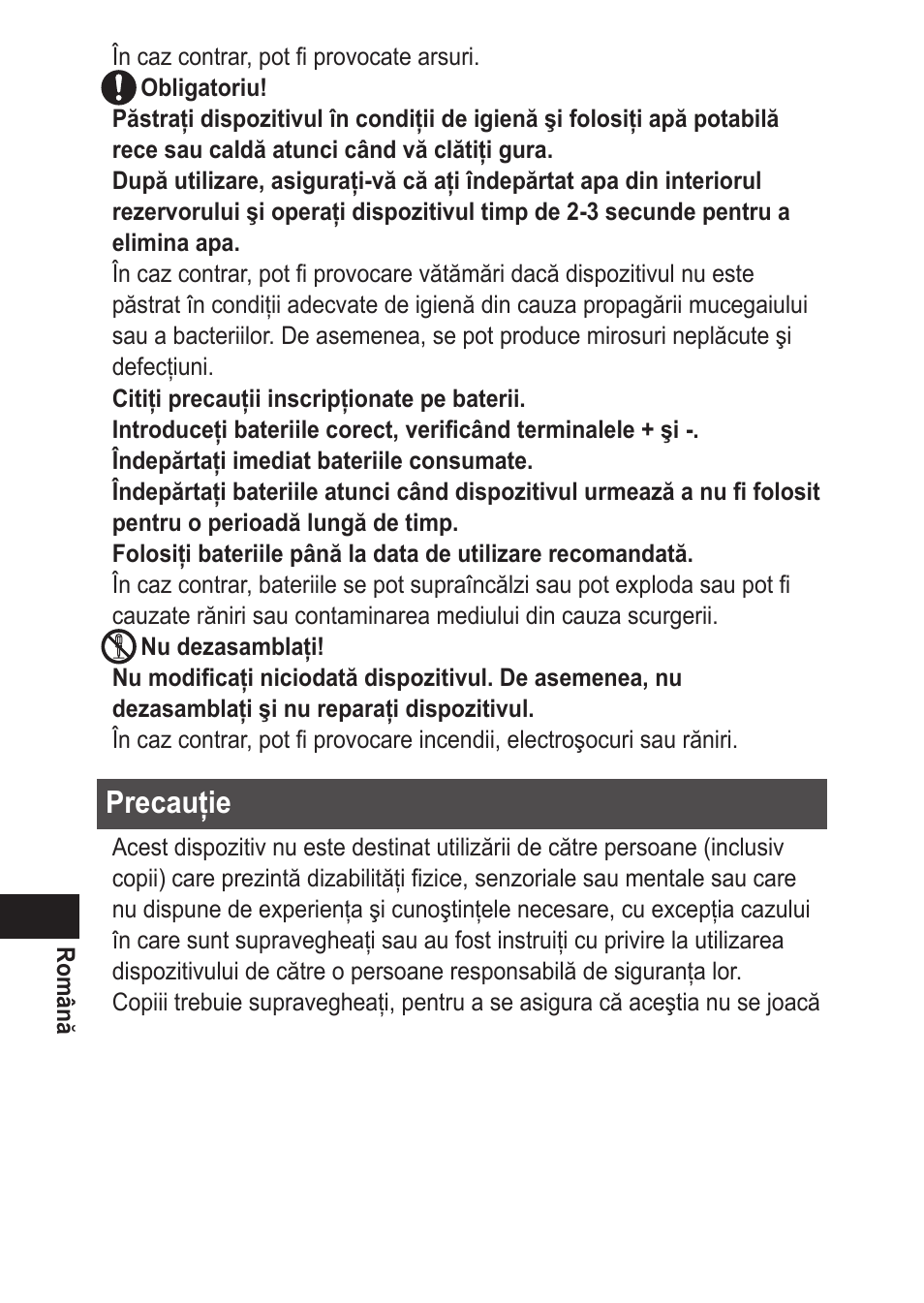 Precauţie | Panasonic EWDJ10 User Manual | Page 192 / 216