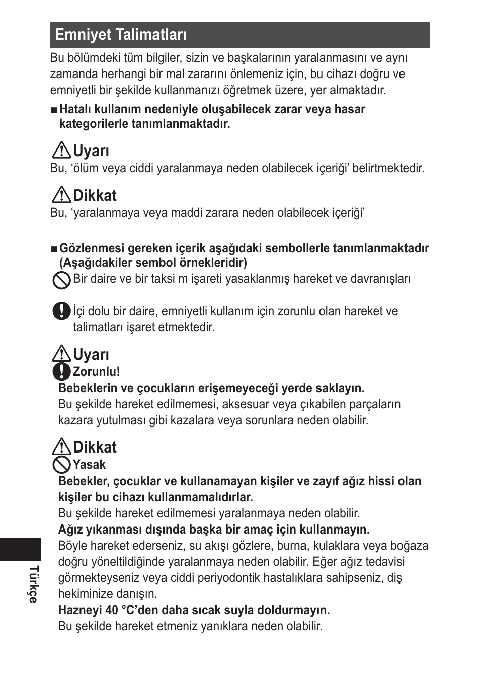 Emniyettalimatları, Uyarı, Dikkat | Panasonic EWDJ10 User Manual | Page 204 / 216