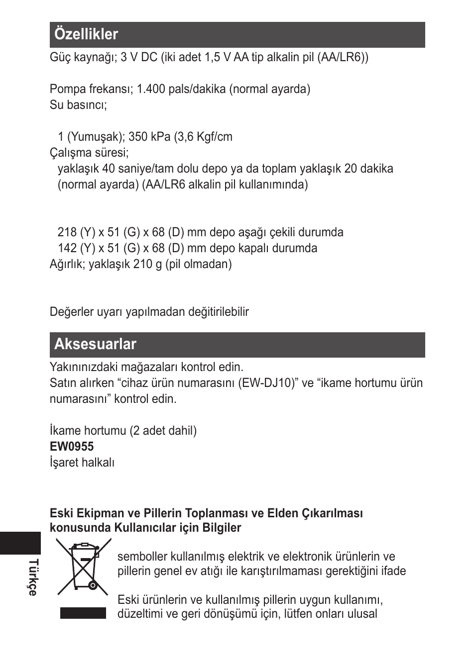 Özellikler, Aksesuarlar | Panasonic EWDJ10 User Manual | Page 214 / 216