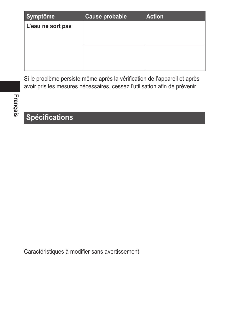 Spécifications | Panasonic EWDJ10 User Manual | Page 38 / 216